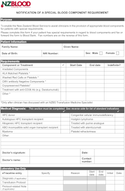 Notification of Special Blood Component Requirement form