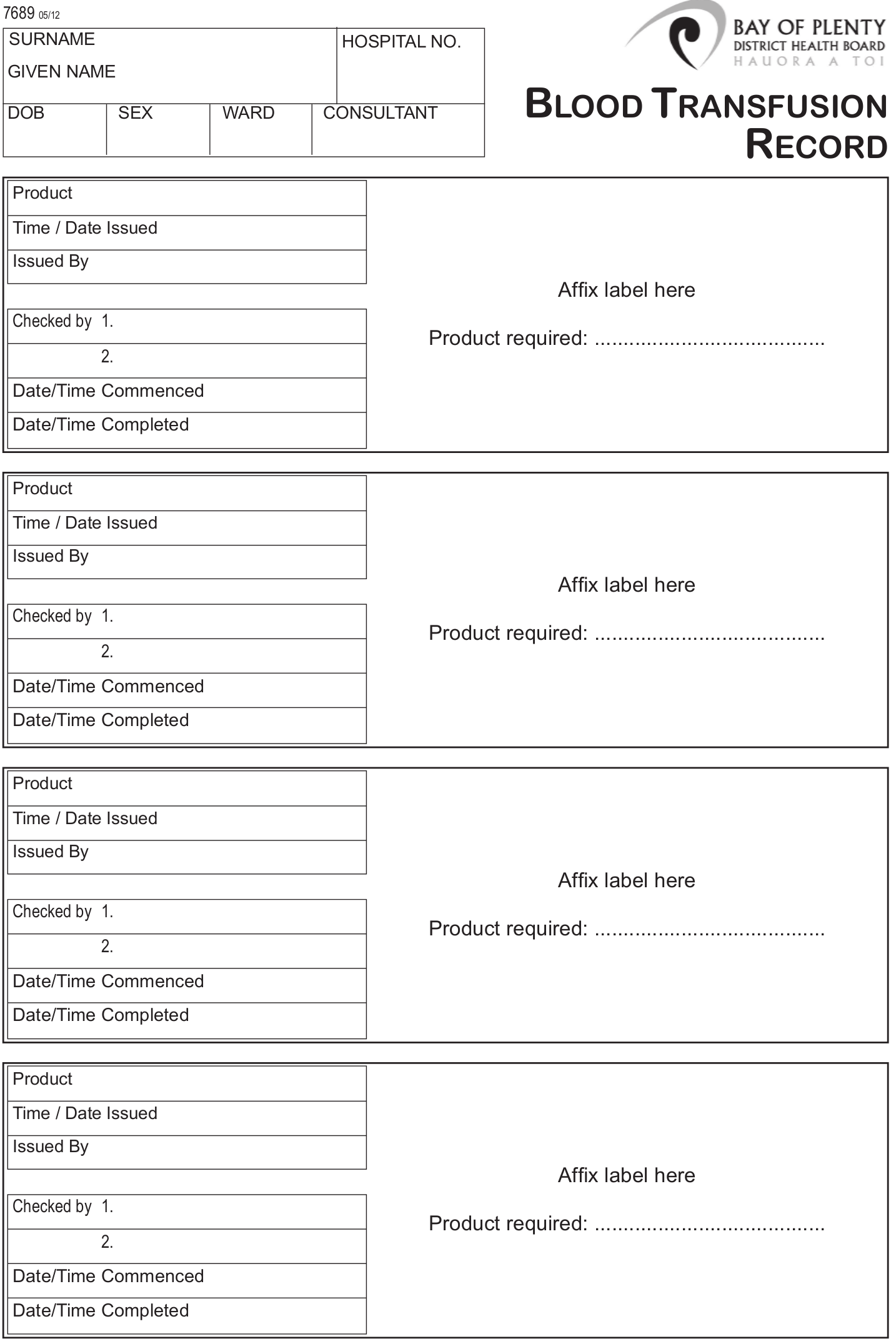 Blood Bank Transfusion Record