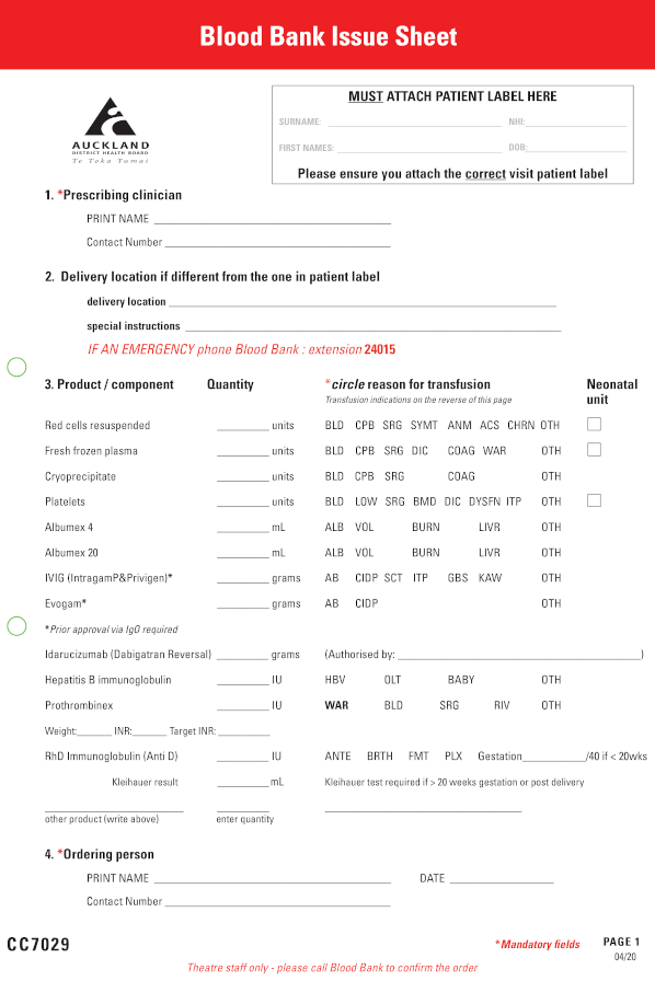 Blood bank Issue Sheet